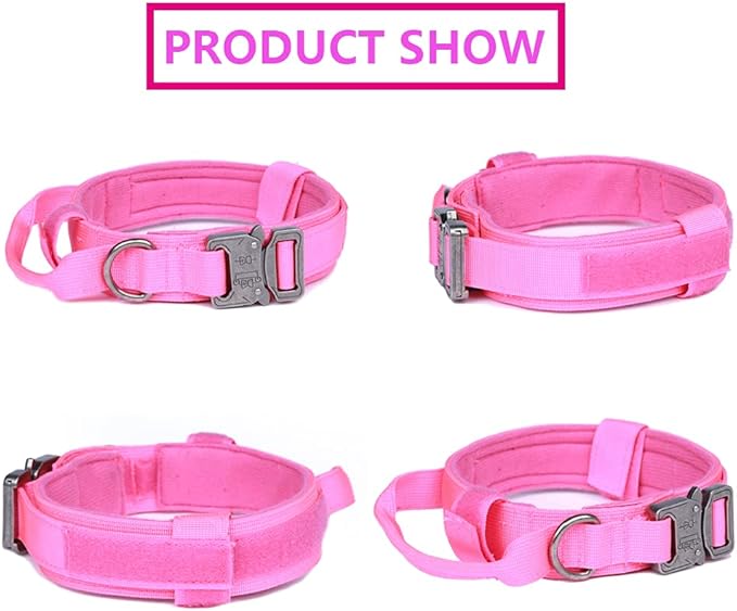 Xqpetlihai Tactical Dog Collar and Leash Set Adjustable Military Nylon Dog Collar with Control Handle and Heavy Duty Metal Buckle for Large Dogs（Pink M