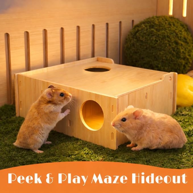 Wooden Hamster Tunnel Maze with Observation Skylight – Secret Peep Shed & Explore Hideout, Chewable Non-Toxic Enrichment Toy & Activity Center for Dwarf Hamsters & Young Syrians