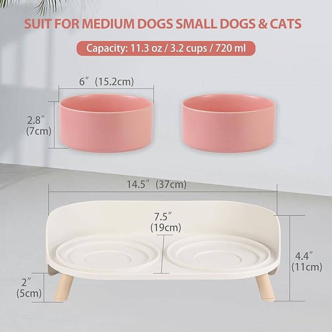 Elevated Ceramic Dog Bowl Set - Double Dog Feeding Bowls with Stand Splash Proof - Raised Dishes for Food and Water - Ideal for Small to Medium Dogs - 2 x 850 ml - 28.74 oz