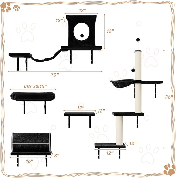 7-in-1 Cat Wall Shelves, Wall Mounted Cat Climber Set, Cat Furniture with House, Tunnel, Bridge, Steps, Scratcher, Hammock, Shelves for Indoor, Black