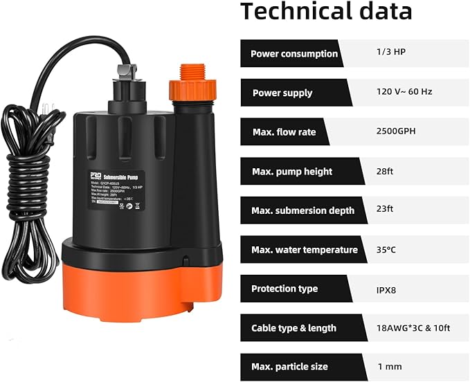 Submersible Water Pump, 1/3HP 2500GPH Utility Pump Portable Electric Clean Water Drainage Pump for Pool Draining, Flooding, Swimming Pool and Basement
