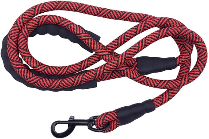 MayPaw Heavy Duty Rope Dog Leash, 3/4/5/6/7/8/10/12/15 FT Nylon Pet Leash, Soft Padded Handle Thick Lead Leashes for Large Medium Dogs (red Black, 1/2" * 8')