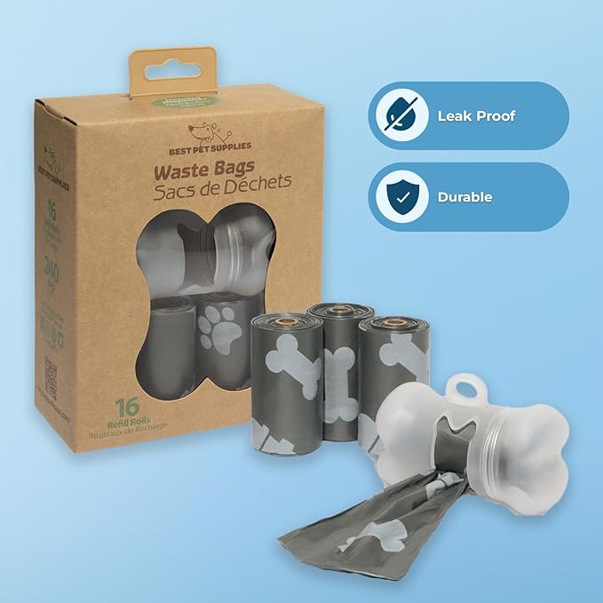 Best Pet Supplies Dog Poop Bags for Waste Refuse Cleanup, Doggy Roll Replacements for Outdoor Puppy Walking and Travel, Leak Proof and Tear Resistant, Thick Plastic - Gray, 240 Bags