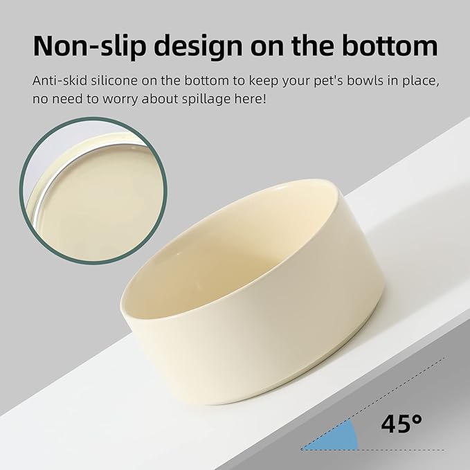 Havniva Ceramic 7.3inch Raised Double Bowls Set with Wooden Stand, Food & Water Bowls for Medium Breed Dogs, Weighted Dog Dishes, Pet Feeder(Light Yellow)