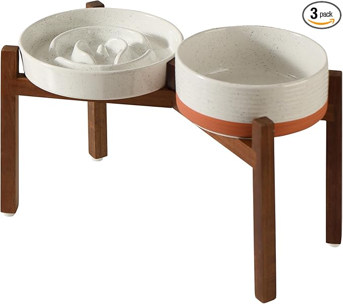 Havniva Elevated Slow Feeder Dog Bowls, 1.6 Cups/8.2 inch Slow Feeders + 7.3 inch Ceramic Dog Food & Water Bowls Set with Acacia Wood Stand Puzzle Bowls for Fast Eater, Medium Dogs Anti-Choking