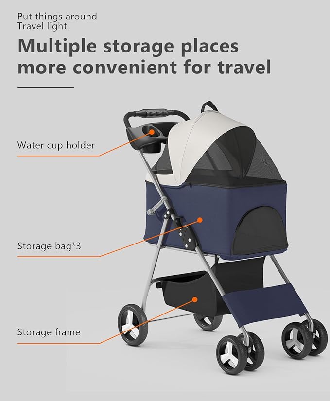 OS MOTOR Pet Stroller with 4 Wheels for Small/Medium Pets,Travel Foldable Detachable Carrier for Dog Cat Cage Jogger Stroller, Rear Wheel Breaks, Storage Basket, Visible Mesh Weather Cover (Navy Blue)