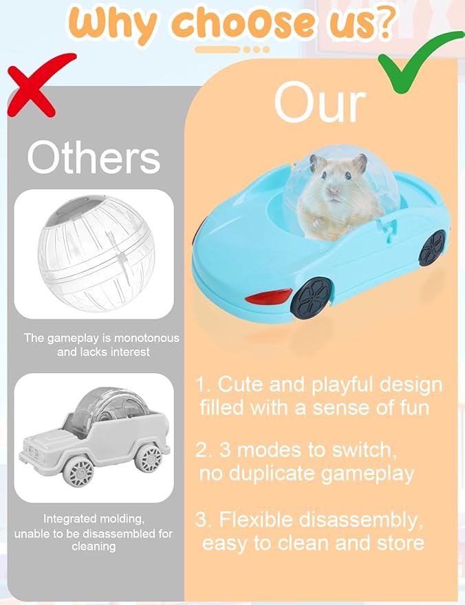 3 in 1 Dwarf Hamsters Exercise Ball Super Cute Pet Sports Car for Robo,Siberian,Russian Dwarfs Hamster - Easy Spin, Lock and Spins, Lock Car Spin - 4.7 Inches Mini Ball Only for Small Hamster