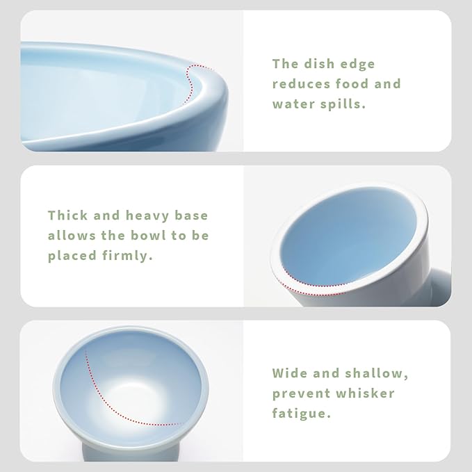 CEEFU Extra Wide Elevated Ceramic Cat Bowl, 6.2" Shallow Dish for Whisker Fatigue Relief, 5" Height for Easy Feeding, Durable Raised Cat Food Bowls, Pack of 2, Blue