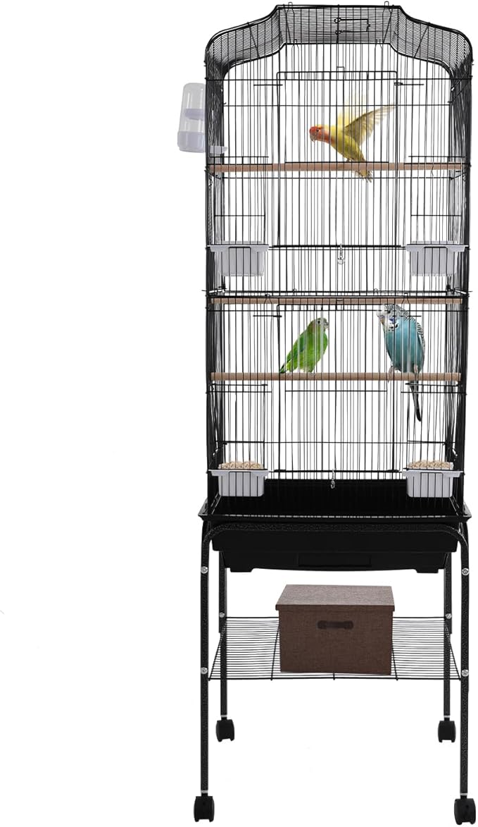 54in Metal Bird Cage Large Parakeet Cages for Parrot, Cockatiel, Lovebird, Pigeon Pagoda Bird House with Rolling Stand,Feeding Bowls & Waterer (Black-54in)
