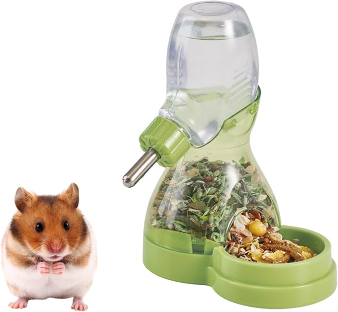2 in 1 Hamster Water Bottle No Drip with Large Capacity Automatic Food Dispenser Small Animal Feeder for Syrian Dwarf Hamster Mouse Rat Degu (Green, 3oz)
