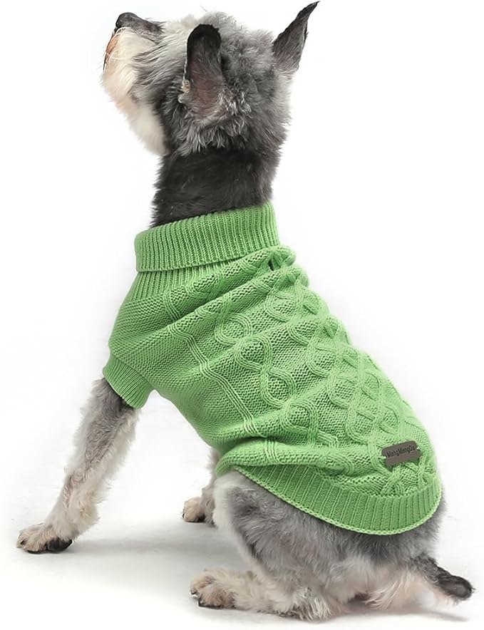 Dog Pullover Sweater, Cable Knitwear, Classic Turtleneck Warm and Soft Clothes for Chihuahua, Bulldog, Dachshund, Pug, Yorkie,Dog Outfits for Small Dogs Medium Dogs, (Green M)…