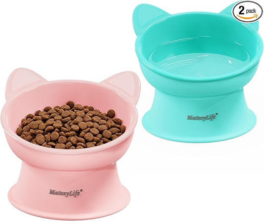 MateeyLife Elevated Cat Bowls, 2P Raised Food and Water Bowl Set for Indoor Cats & Small Dogs, Whisker Fatigue Cat Bowl, Anti Vomit Feeding Pet Bowls, 6 oz Each, Dishwasher Safe - Pink & Green