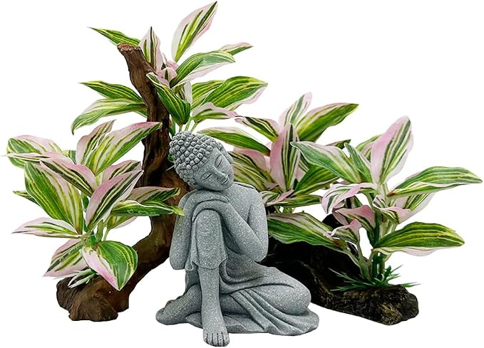 Fish Tank Decorations Aquarium Decor Ornaments Betta Pink Leaf pad Hammock Artificial Driftwood Goldfish Bowl Accessories (Light Pink 3pcs/Buddha-Set)