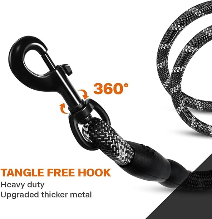 Taglory Rope Dog Leash 5 FT with Comfortable Padded Handle, Highly Reflective Threads Leash and Anti-Tangle Clip for Walking Medium Large Dogs, 1/2 inch, Black