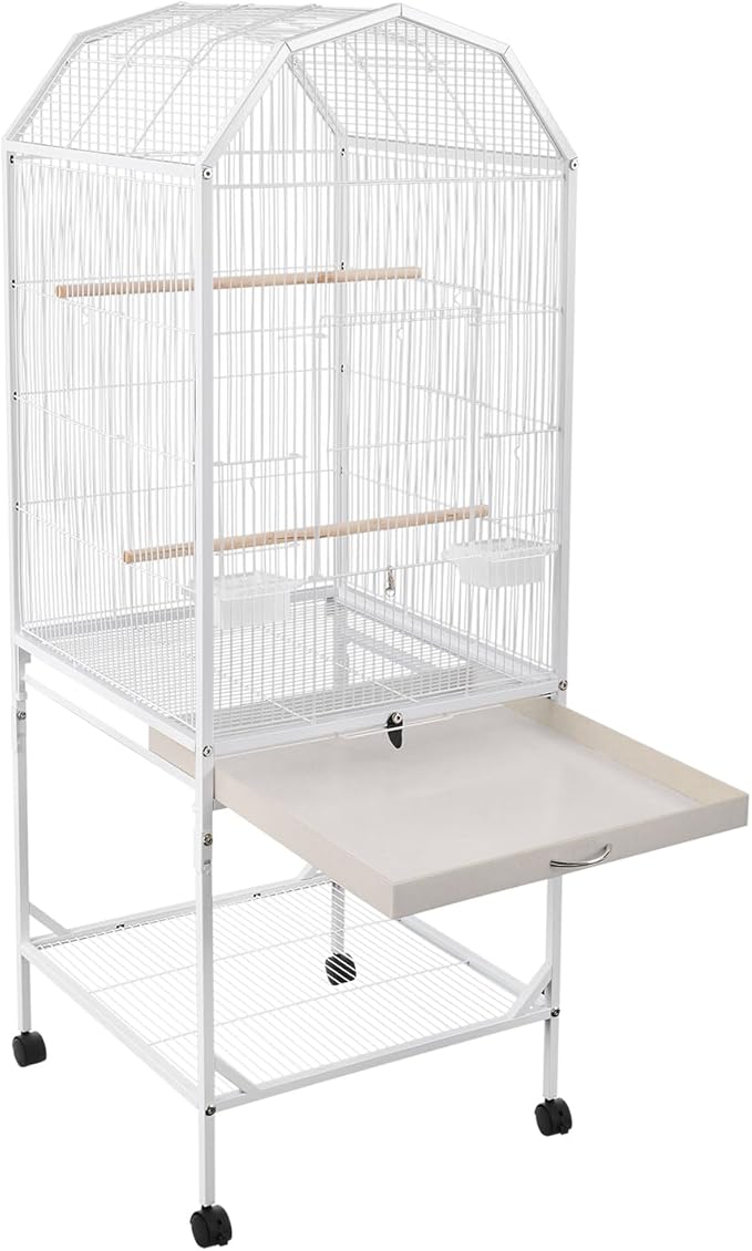 53.5 Inch Iron Bird Cage, Large Parakeet Cages with Play Open Top and Rolling Stand, Bird House with Detachable Stand and Pull-Out Tray for Cockatiels, Parrots, Lovebirds, Canaries (White, Style B)