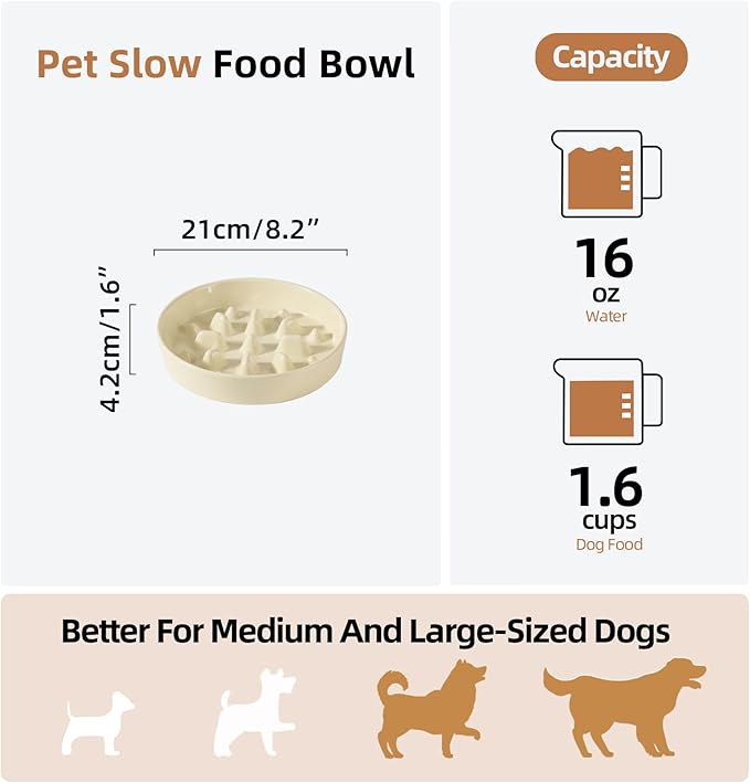 Havniva Ceramic 1.6 Cup Dog Bowl Slow Feeder, 8.2 inch Slow Pet Food Dish for Medium and Large Dog, Stop Bloat, Preventing Choking(Single Bowl, Light Yellow)