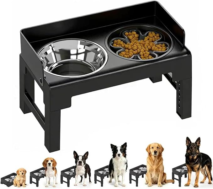 PAKEWAY Elevated Dog Bowls, Spill Proof, Tiltable Pet Feeder with 1 Slow Feeder Bowl &1 Stainless Steel Bowl, 6 Height Adjustable Raised Dog Bowls Stand for Medium Large Dogs