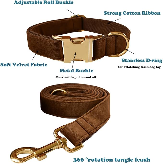 Love Dream Velvet Dog Collar and Leash Set, Soft & Comfy Adjustable Dog Leash and Collar with Heavy Duty Metal Buckle for Small Medium Large Dogs Training & Walking (Medium, Coffee)
