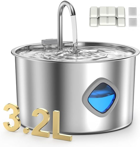 Cat Water Fountain Stainless Steel - 108oz/3.2L Pet Gift Dog Water Dispenser Automatic Silent Cats Dispenser for Drinking Indoor Metal Kitty Spout Fountains (Cat Fountains 2 Filters + 2 Sponges)