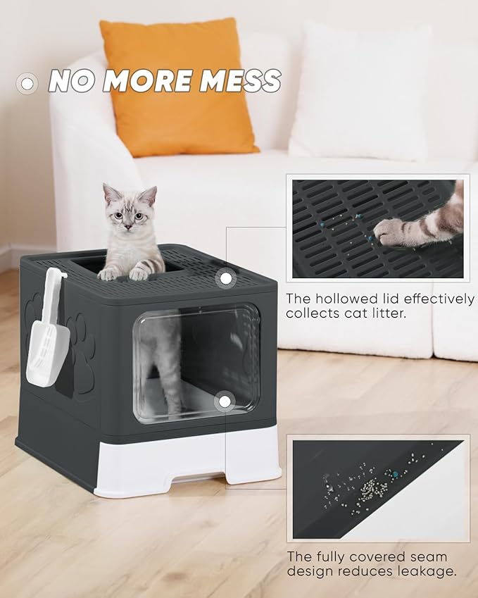 Covered Litter Box, Large Litter Box for Big Cats, Enclosed Cat Litter Boxes with Lid, Top Entry Kitty Litter Box with Scoop, Odor Control, Easy to Clean (Black)