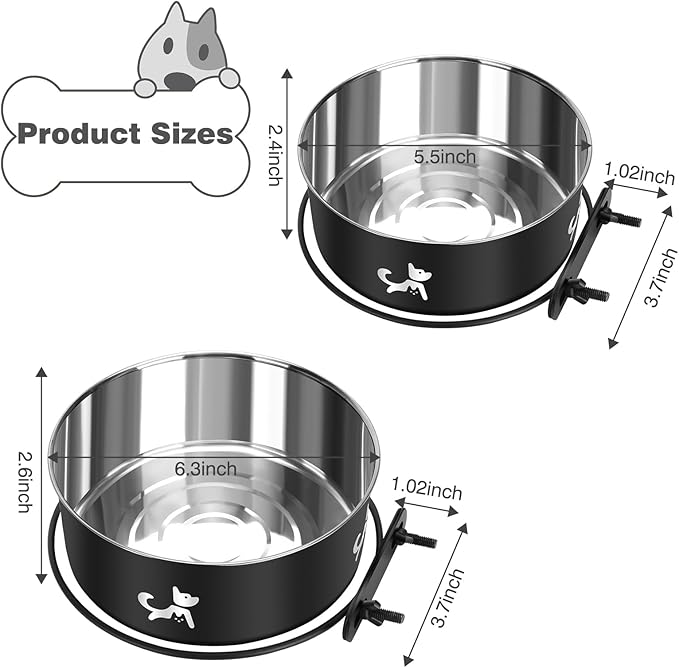 Crate Dog Bowl, 2 Pack Dog Crate Water Bowls Hanging No Spill, Removable Stainless Steel Mountable Pet Kennel Bowl Food Feeder Coop Cup Cage Accessories for Puppy Cat Rabbit Guinea Pigs Ferret Bird
