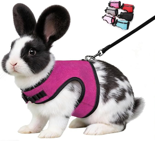 Bunny Leash and Harness Escape Proof,Soft Rabbit Mesh Vest Adjustable Buckle for Ferret Guinea Pig Hamster Walking Small Animal Pets Rat, Hot Pink L