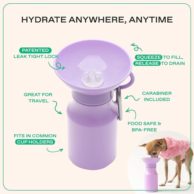 Springer Dog Water Bottle | Portable Travel Drinking Feeder Dispenser for Dogs & Puppies | As Seen on Shark Tank | Leak-Proof Bowl | BPA-Free | Outdoor Walking, Hiking & Travel | 15oz Lilac