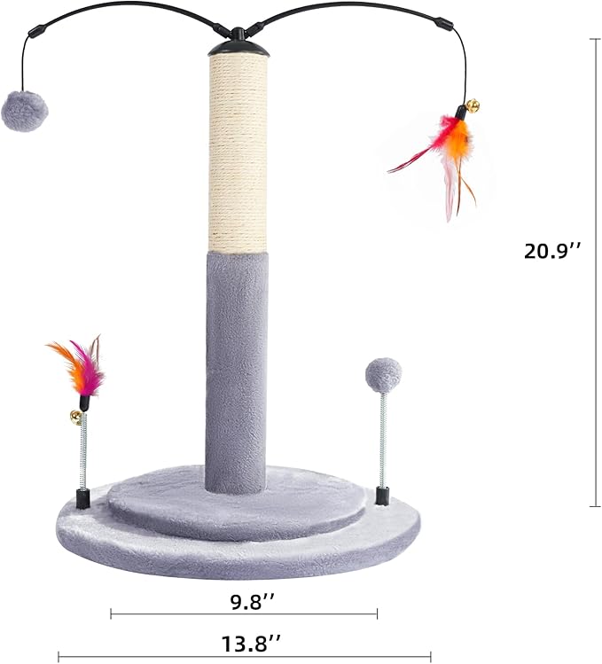 YUNIQUE Cat Scratching Post with Sisal Rope, Small Cat Tree with Dangling Balls & Feather for Kittens (Grey, 20.9‘’)