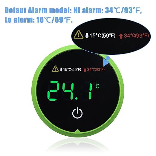 Aquarium Digital Thermometer with LED Touch Screen - Stick-on Fish Tank Thermometer for Betta Tanks, HI/LO Temperature Alarm, Cordless Waterproof Sensor, CR2032 Battery (14-140°F/-10-60°C)