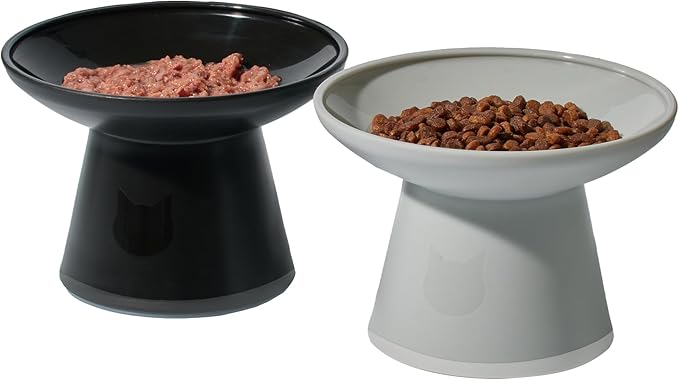 Necoichi 2pcs Extra Wide Elevated Cat Food Bowls – BPA-Free Plastic Raised Bowls to Reduce Whisker & Neck Fatigue – Dishwasher Safe – Non-Slip, Anti-Vomiting Ergonomic Design (Urban Fog)
