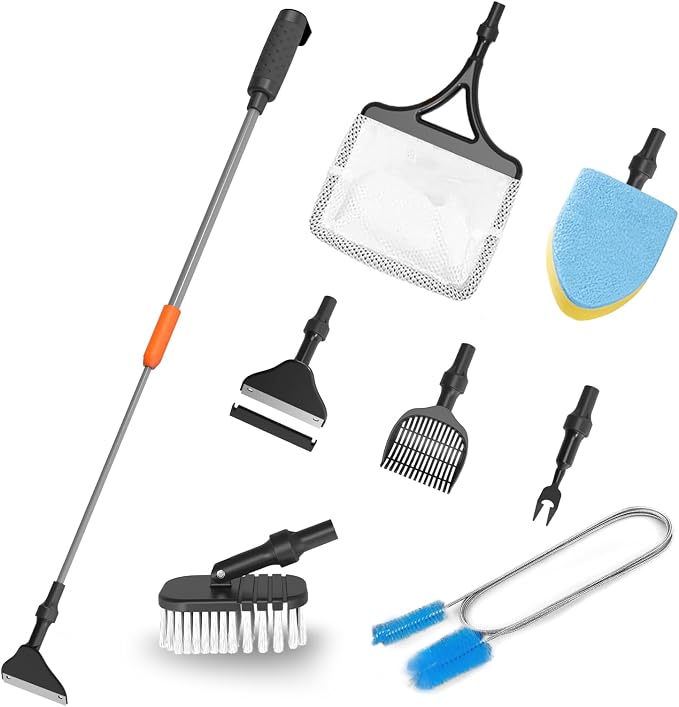7-in-1 Aquarium Cleaning Tool, Fish Tank Cleaner with Telescopic Handle | Aquariums Scraper,Adjustable Angle Brush,Gravel Rake,Plant Fork, Flat Sponge,Large Fishes Net,Hose Brushes