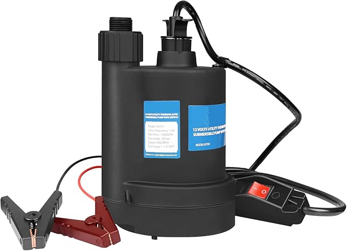 Water Pump Submersible Pump DC 12V Sump Pump 1500 GPH Utility Pump Black | 20Ft Battery Cord with On/Off Switch, 3/4" Hose Adapter, Ideal for Water Tank, Sump Pit, Pond, Yard Draning