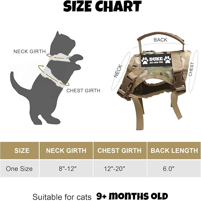 Tactical Cat Harness Escape Proof for Walking with Personalized Patches - Adjustable Cat Harness 8-20lbs Escape Proof - Soft Vest for Large Kitty with Optional Leash (Green)