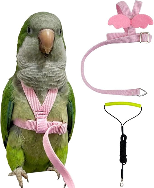 Adjustable Bird Harness with Elastic Leash, Pet Parrot Harness and Leash, Adjustable Training Design Anti-Bite, Bird Nylon Rope with Cute Wing for Conure (Pink,L)