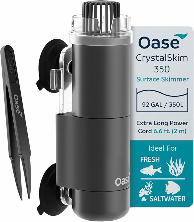 OASE CrystalSkim 350 Surface Skimmer for Freshwater and Marine Aquariums – Compact Internal Filter for Film Oil and Debris Removal, Quiet, Adjustable Flow, Shrimp-Safe, for Tanks up to 92 Gal / 350 L