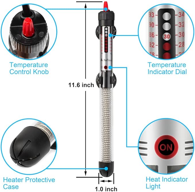 DaToo Aquarium Heater Fish Tank Heater Submersible 200 Watt, 1 Yr Warranty