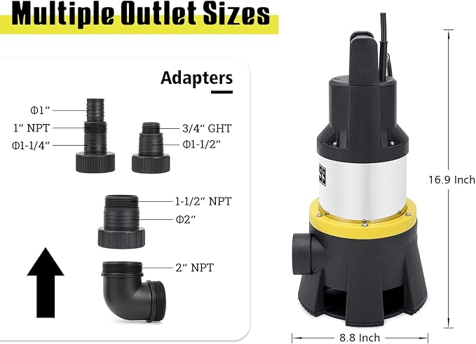 1.5 HP Stainless Steel Sump Pump, 7000 GPH, Float Switch | High-flow stainless steel pump moves up to 7000 GPH and includes an adjustable float switch and 16 ft cord for water removal.