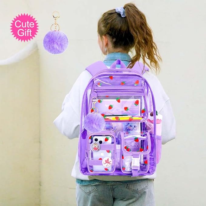 CCJPX 3Pcs Clear Backpack for Girls, School Transparent Bookbag, Heavy Duty See Through Backpacks for Teens Elementary