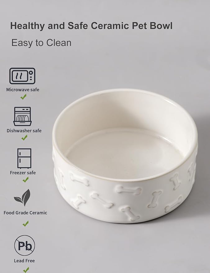 UBEE Ceramic Dog Bowl Set of 2, Dog Food Bowl Dish, Pet Food Water Dish Feeding for Small and Meidum Dogs and Large Cat, White, Bone Pattern, 6.1 in-Medium