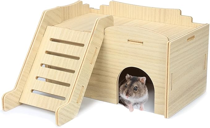 Syrian Hamster Hide with Wooden House, Climbing Ladder and Window, Detachable Hut Play/Chew/Hide