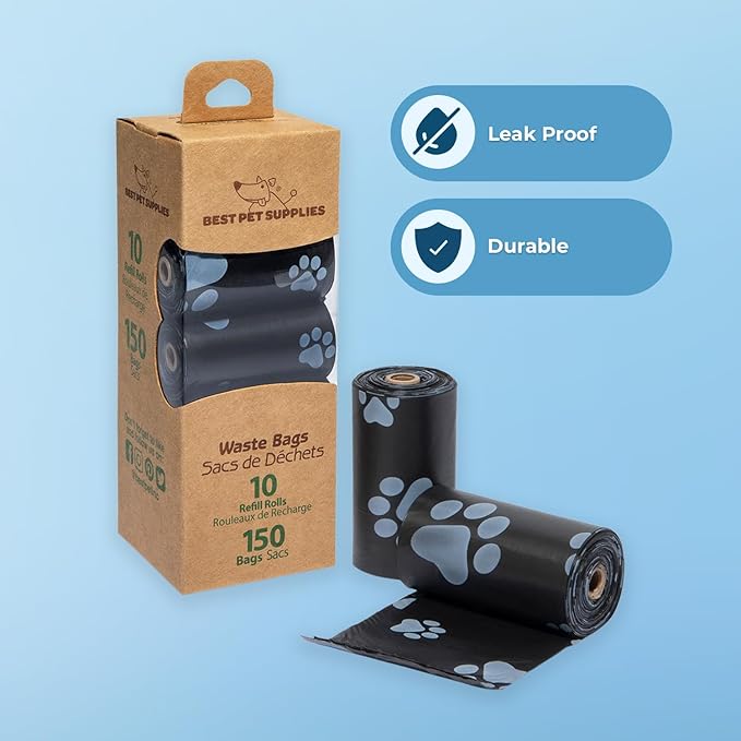 Best Pet Supplies Dog Poop Bags for Waste Refuse Cleanup, Doggy Roll Replacements for Outdoor Puppy Walking and Travel, Leak Proof and Tear Resistant, Thick Plastic - Black, 150 Bags
