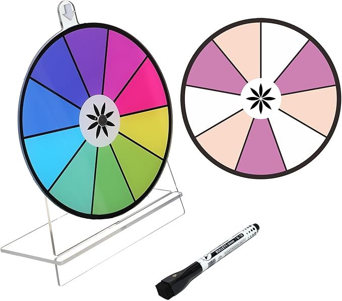 iobiotio 8 inch Spinning Prize Wheel, Double Side Spinning Wheel for Prizes with Stand, 9,10 Slots Color, 2 in 1 Small Tabletop Roulette Spinner, Easy Assembly and Erasable, Portable, 5mm, Clear
