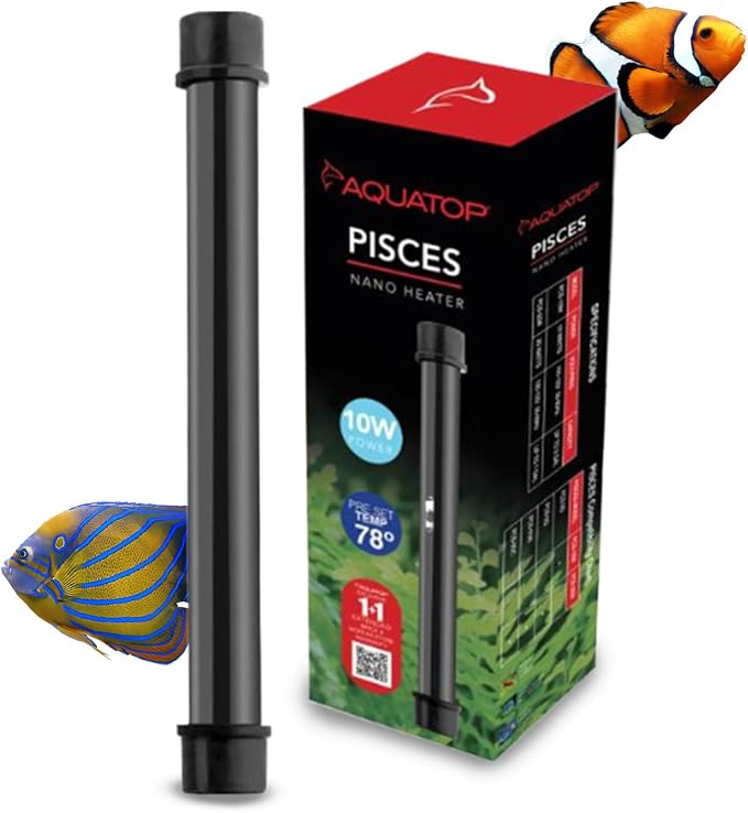 Aquatop 10W Pisces Nano Heater – Fully Submersible for Fish Tanks Up to 3 Gallons – Preset 78°F Thermostat – Heat-Resistant – PCS-10W