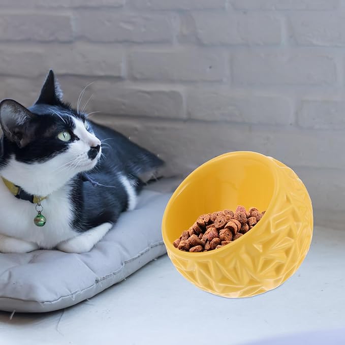 Milisten Ceramic Cat Bowl with Anti-tip Design, Yellow Geometric Kitten Feeding Dish, Sturdy Household Cat Feeder for Indoor Pets