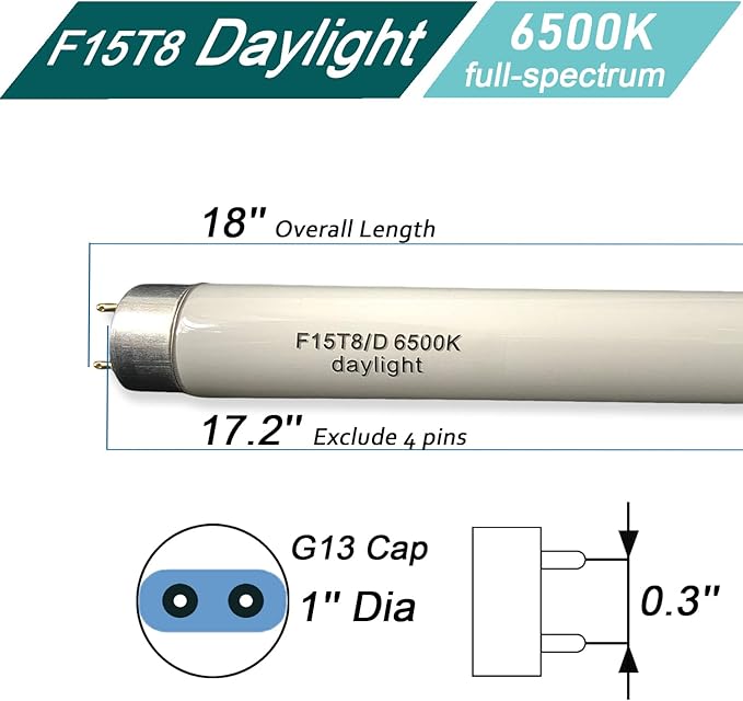 Flyercatch 18'' Full Spectrum Daylight 15Watt Aquarium and Plant Light Bulb,Bright White 6500k Fish Tank Fluorescent Tube, Ra83+ High Color Rendering Index