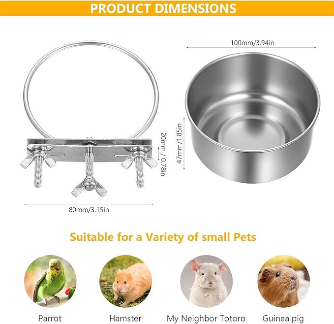 Stainless Steel Bowls for Birds, Bird Food Water Bowl, Bird Cage Water Food Bowl Coop Cup with Clamp Holder for Parrots Cockatiel Budgies Parakeet Lovebird