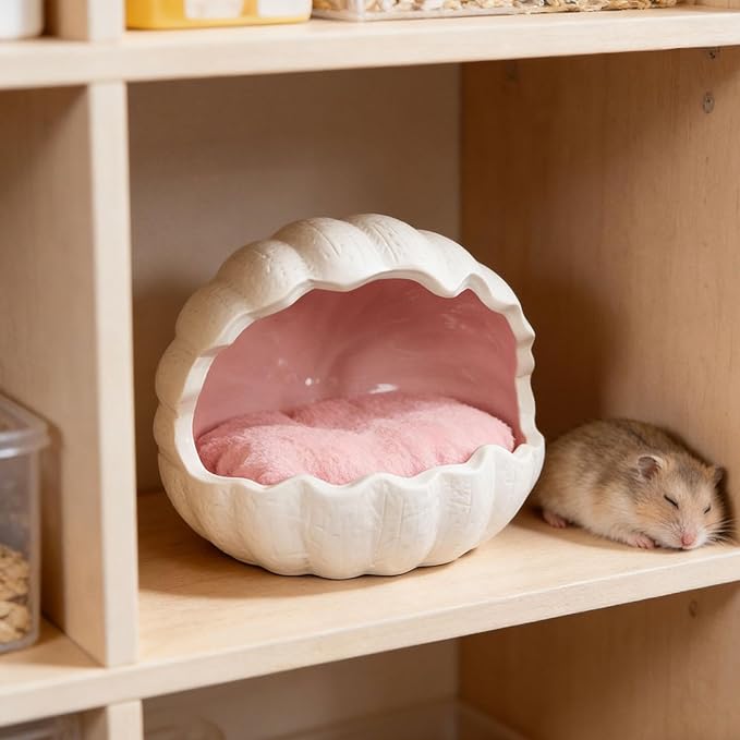 Ceramic Hamster Nest Habitat Hideaway Cooling Pet House Decorative Nest for Gerbil Mice Hedgehog Chinchilla Dwarf, Pink