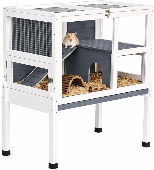 2-Story Guinea Pig Cage with Stand, Indoor Wooden Hamster Cage with Ramp, Pull-Out Tray, Hideout & Platform, Acrylic Transparent Small Animal Habitat for Chinchillas, Ferrets, Hedgehogs,Grey