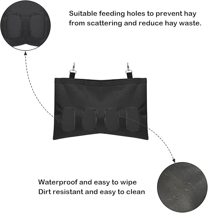 Rabbit Hay Feeder - Large Capacity Oxford Cloth Hanging Hay Bag - 4 Holes - 1 Pcs (Black)