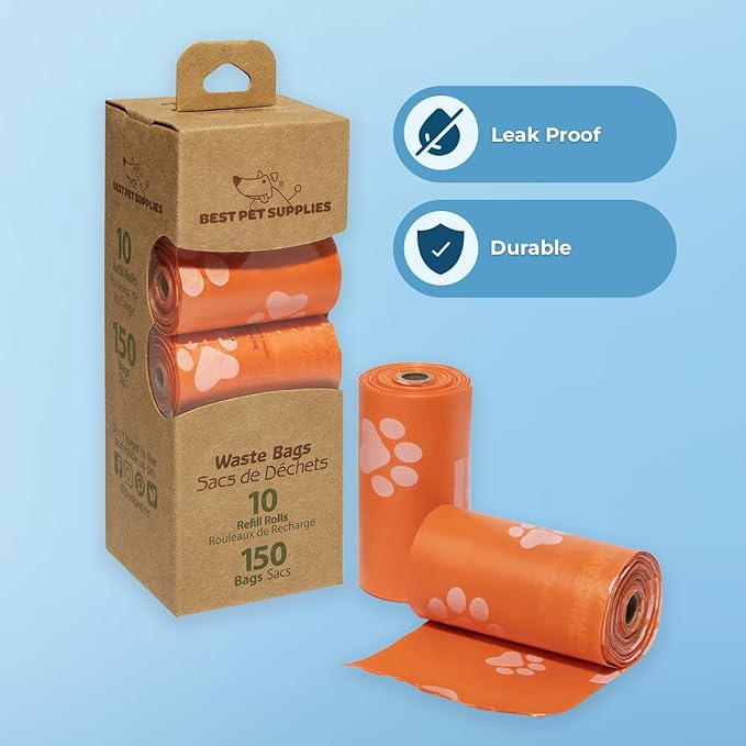 Best Pet Supplies Dog Poop Bags for Waste Refuse Cleanup, Doggy Roll Replacements for Outdoor Puppy Walking and Travel, Leak Proof and Tear Resistant, Thick Plastic - Orange, 150 Bags